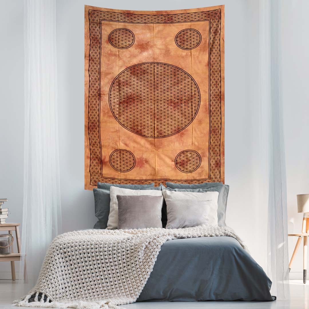 Brown Dye Flower of Life Screen Printed Queen Twin Tapestry