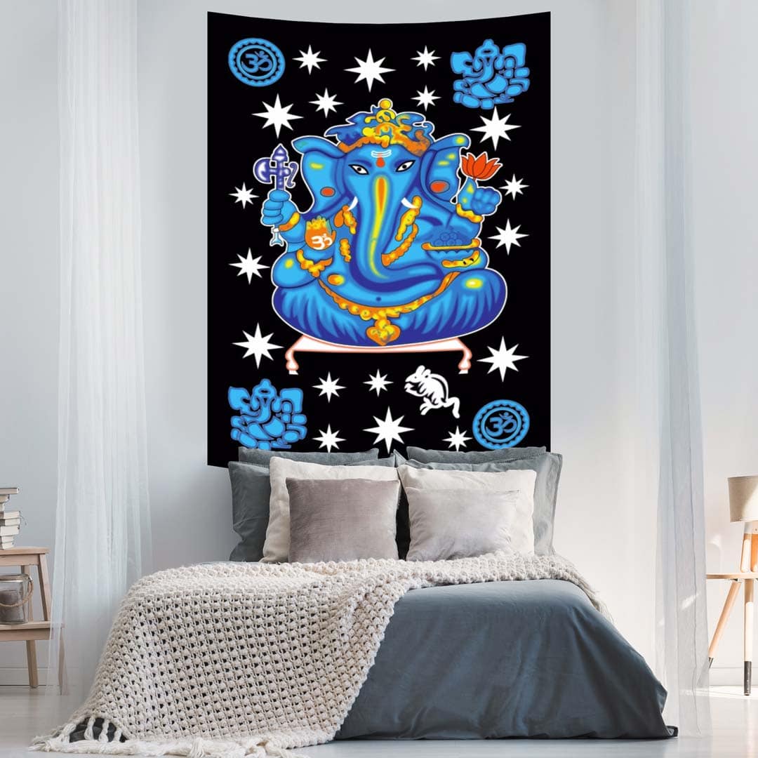 Ganesha Stars Blue Screen Printed Tapestry