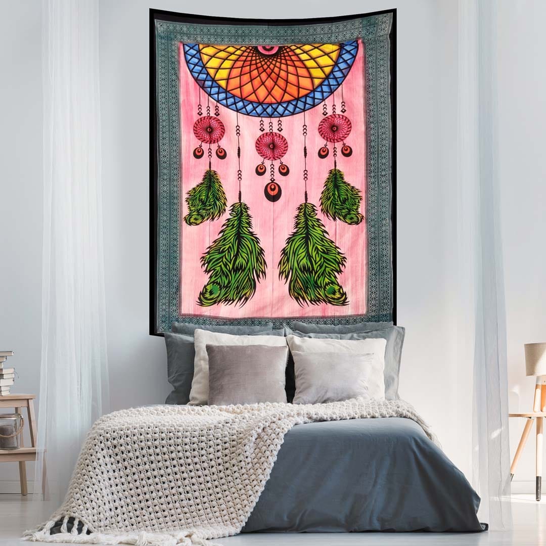 Dream Catcher Hand Brush Screen Printed Four Feather Queen Twin Tapestry