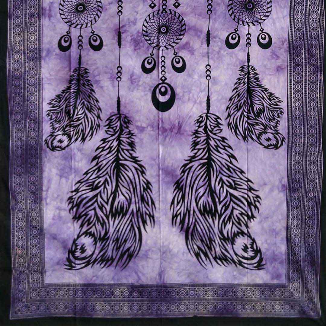 Dream Catcher Purple Screen Printed Four Feather Queen Twin Tapestry