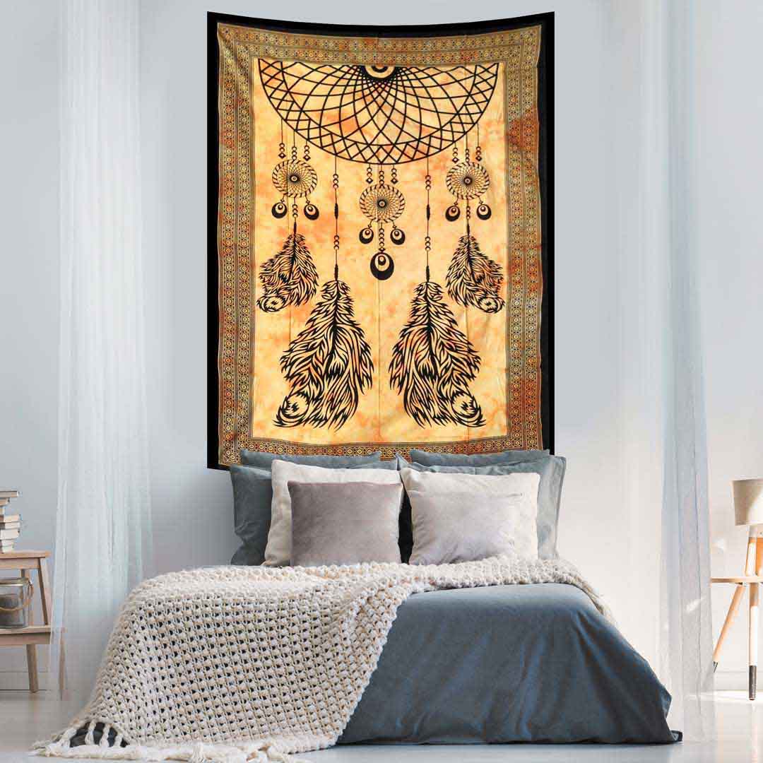 Dream Catcher Yellow Screen Printed Four Feather Queen Twin Tapestry