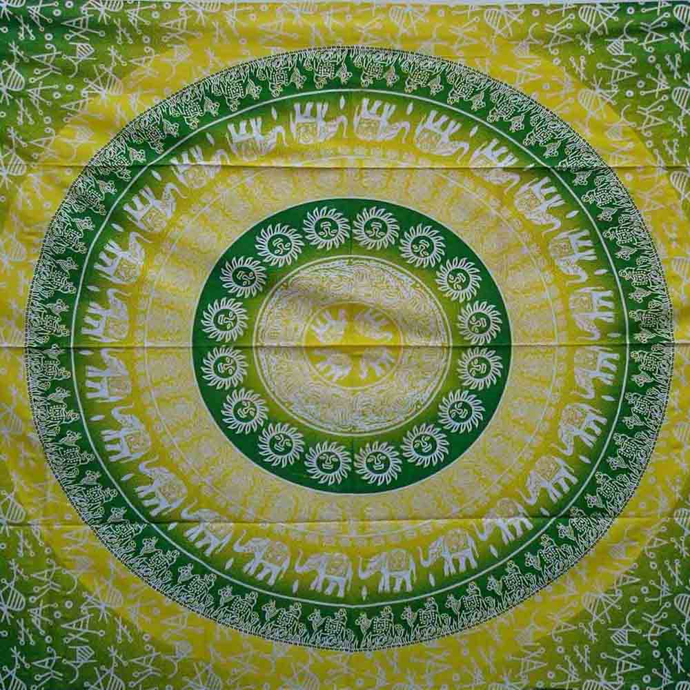 Elephant Mandala Ombre Yellow Green Screen Printed Queen Twin Tapestry
