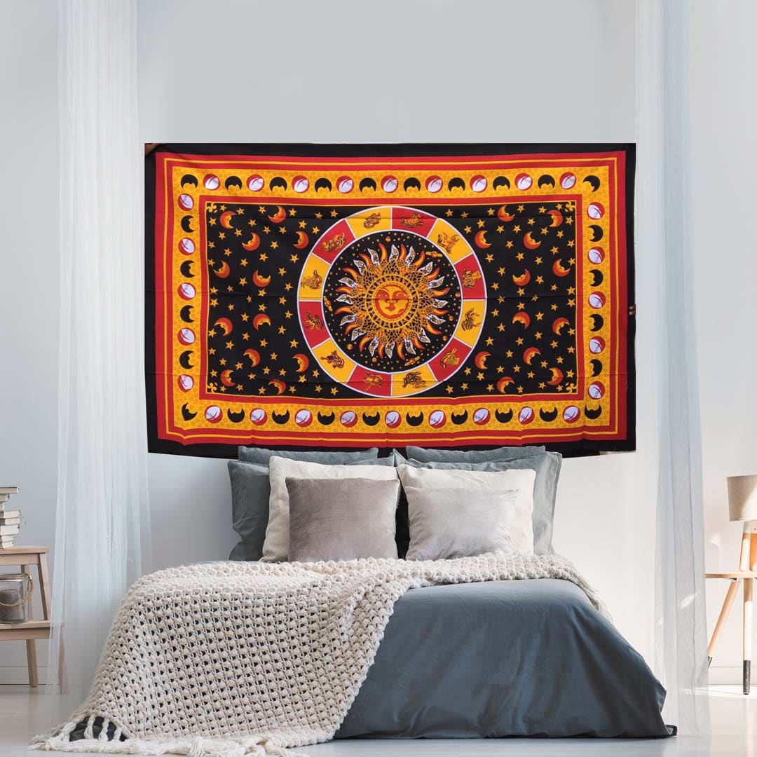 Orange Zodiac Sun Moon Star Queen Twin Screen Printed Tapestry