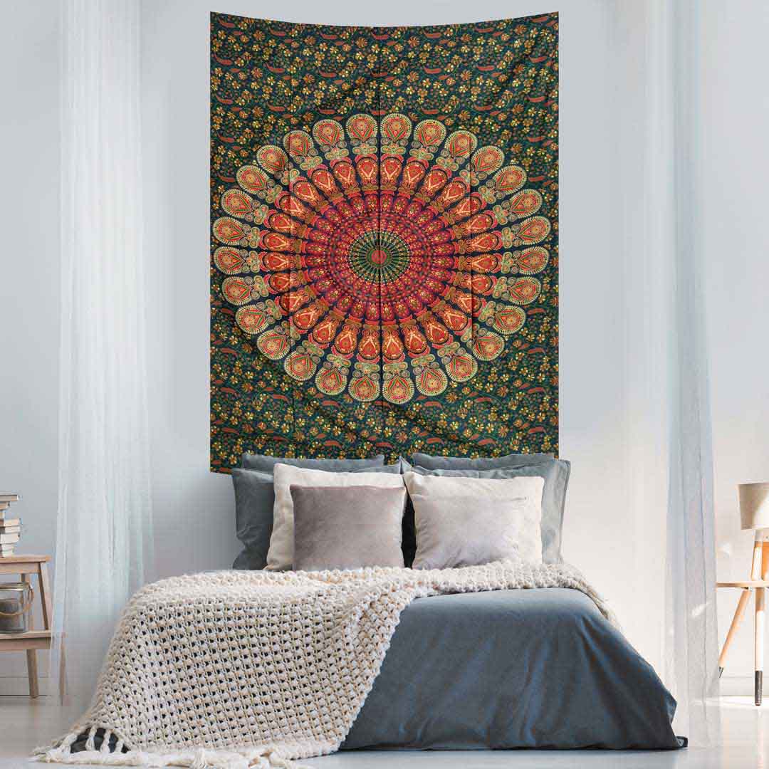 Red Green Peacock Feather Mandala Screen Printed Queen Twin Tapestry