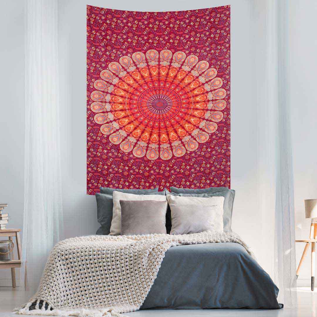 Red Orange Peacock Feather Mandala Screen Printed Queen Twin Tapestry
