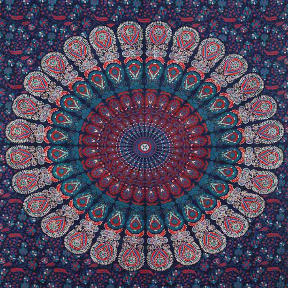 Blue Red Peacock Feather Mandala Screen Printed Queen Twin Tapestry