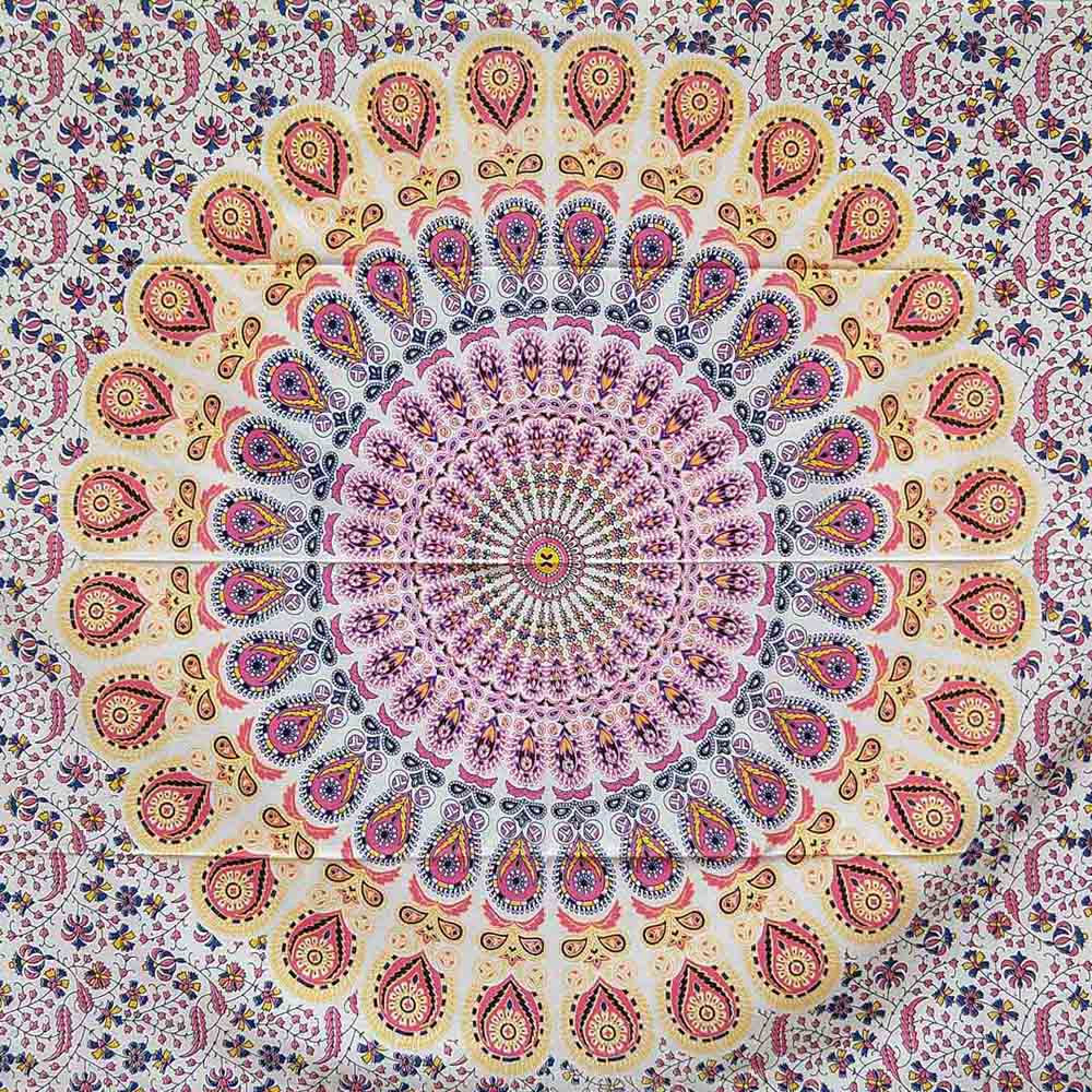 Pink Yellow Peacock Feather Mandala Screen Printed Queen Twin Tapestry