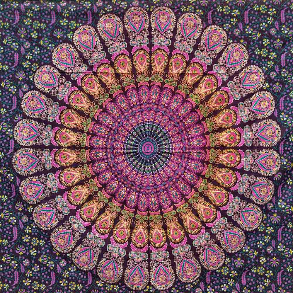 Blue Pink Peacock Feather Mandala Screen Printed Queen Twin Tapestry