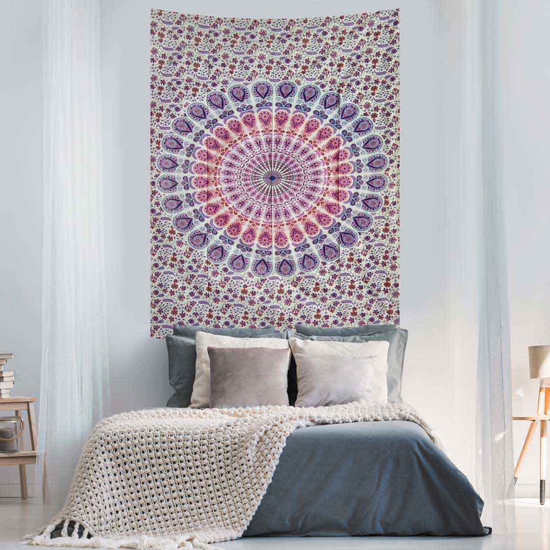 Purple Pink Peacock Feather Mandala Screen Printed Queen Twin Tapestry