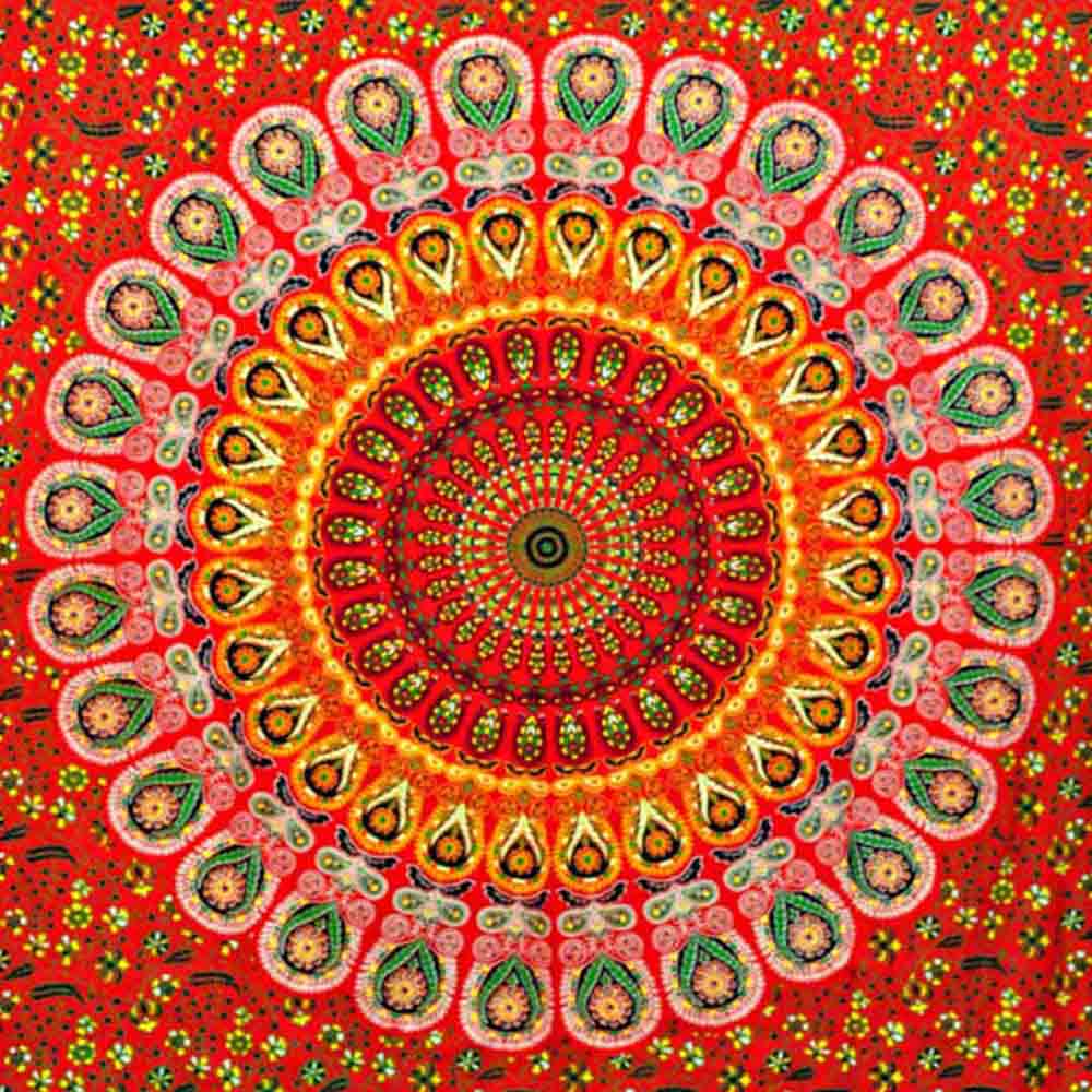 Red Green Peacock Feather Mandala Screen Printed Tapestry