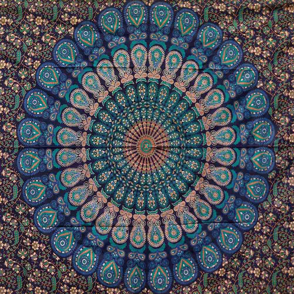 Blue Green Peacock Feather Mandala Screen Printed Tapestry