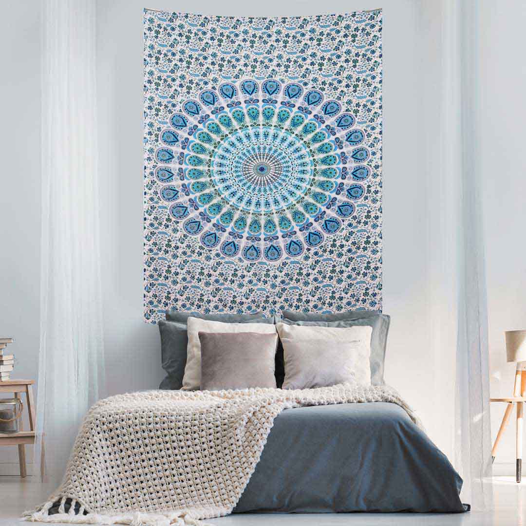 Blue White Peacock Feather Mandala Screen Printed Queen Twin Tapestry