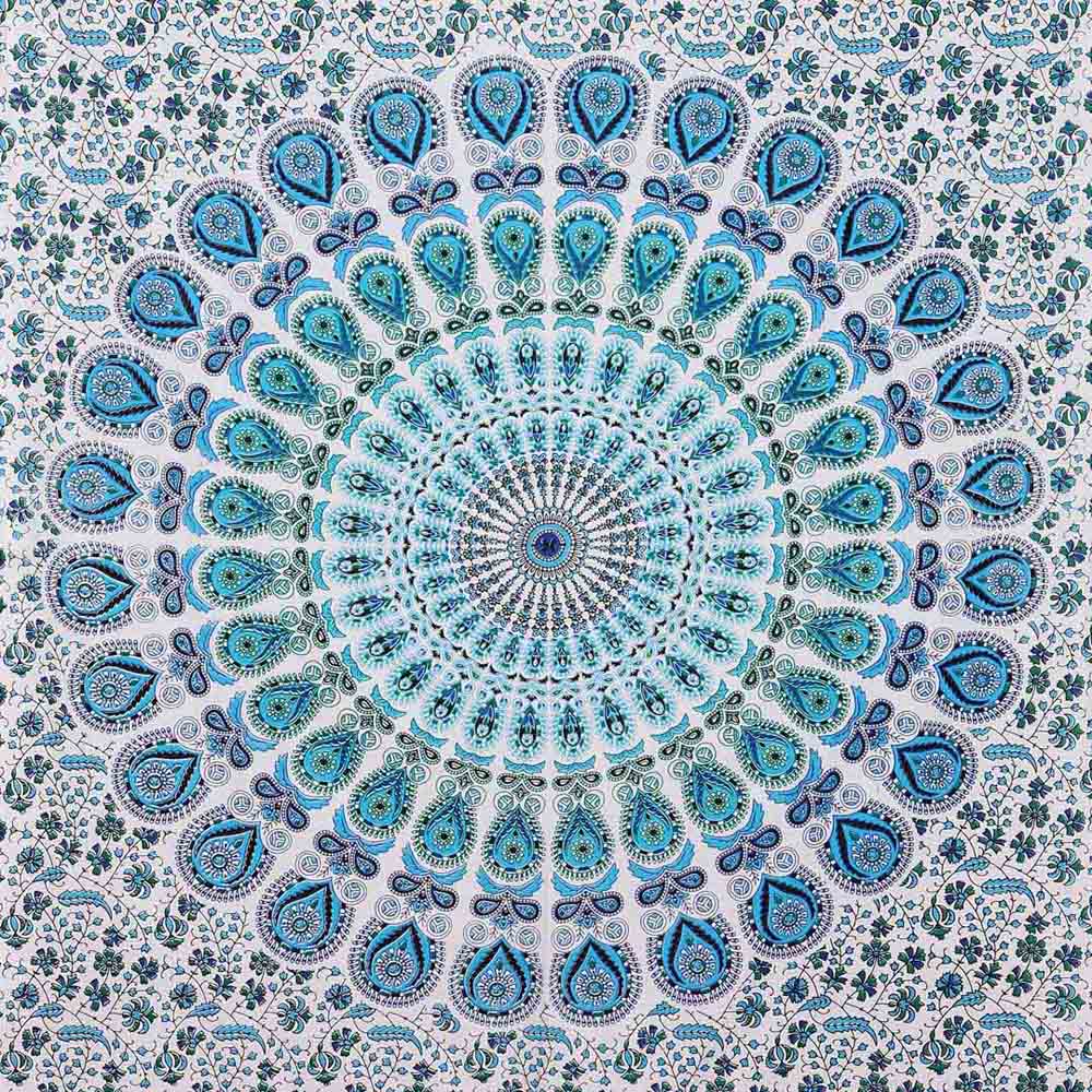 Blue White Peacock Feather Mandala Screen Printed Queen Twin Tapestry