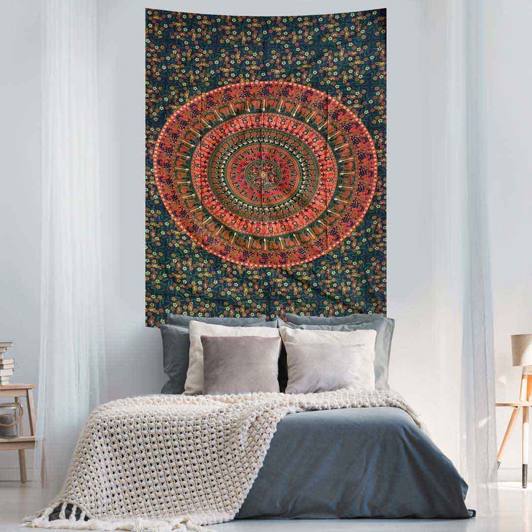 Green Red Peacock Couple Queen Twin Mandala Screen Printed Tapestry