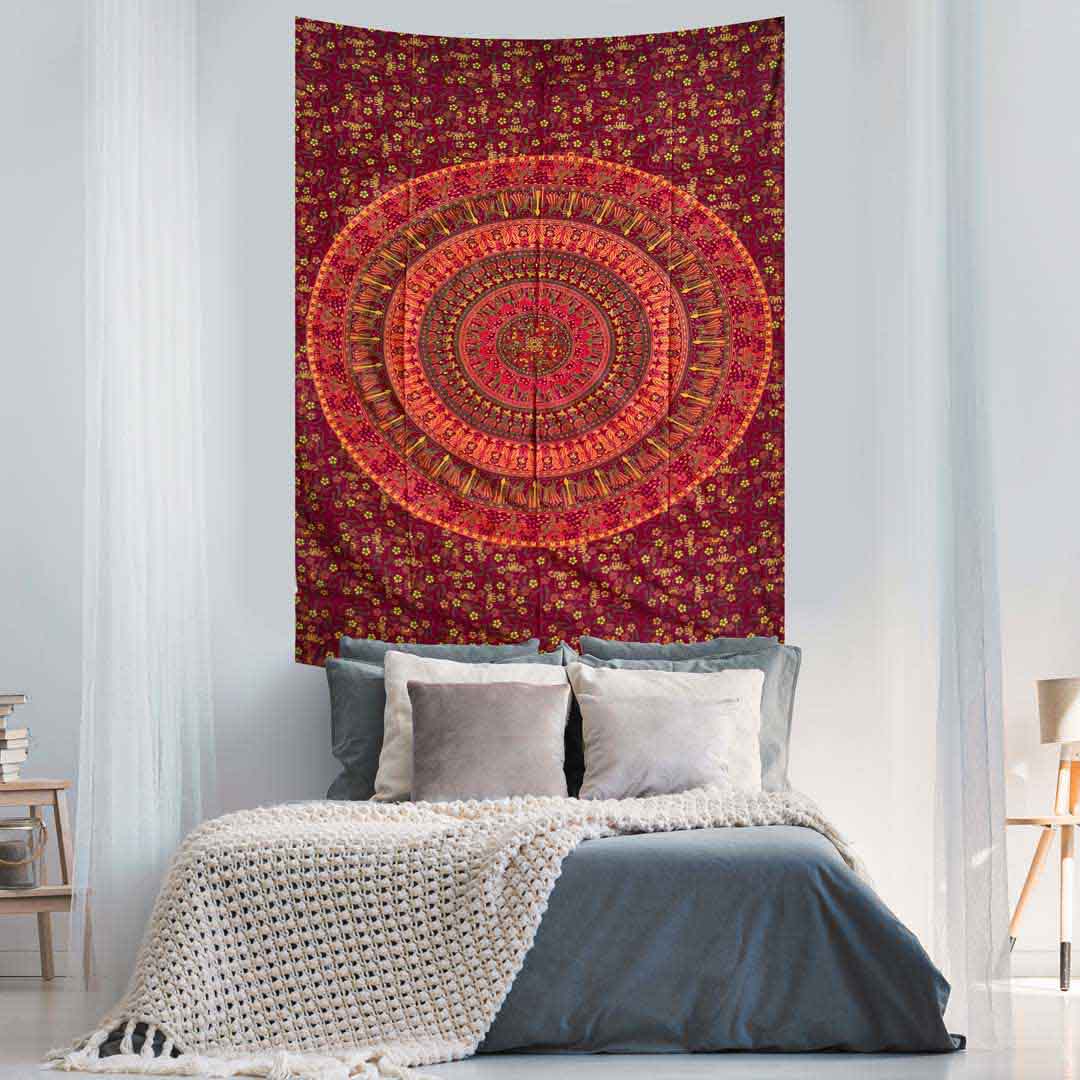 Red Peacock Couple Queen Mandala Twin Screen Printed Tapestry