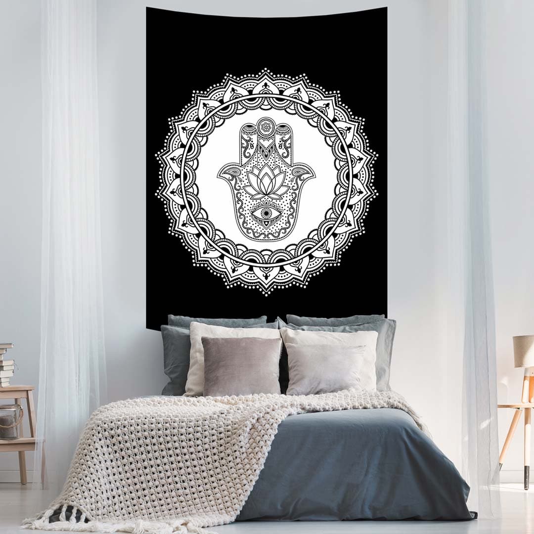 Black and White Hamsa Hand Ombre Queen Twin Screen Printed Tapestry