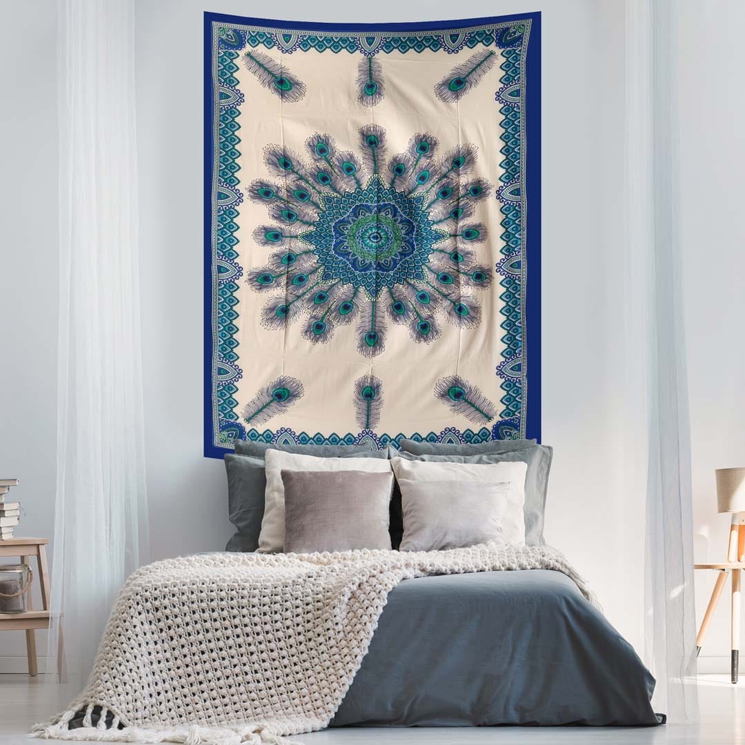 Blue White Peacock Feather Queen Twin Tapestry