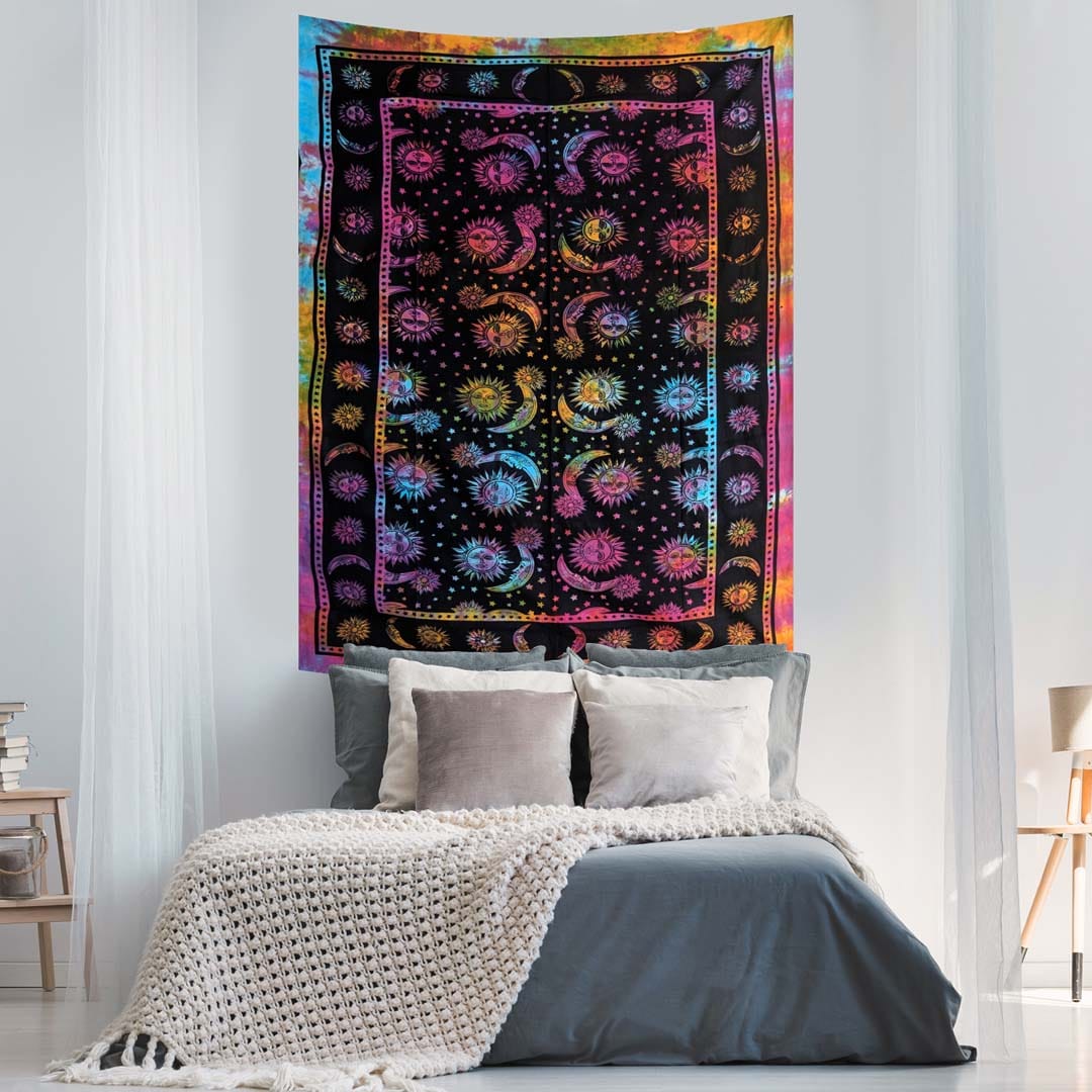 Multicolor Sun Moon Stars  Tye Dye Twin Queen Screen Printed Tapestry