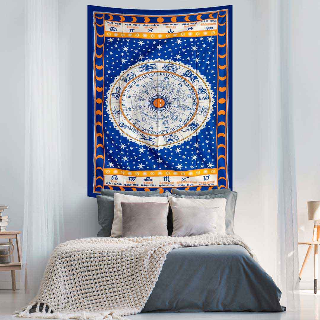 Blue Zodiac Moon Queen Twin Screen Printed Tapestry