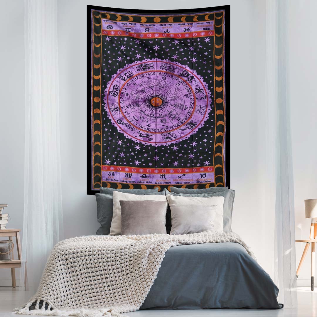 Purple Tye Dye Zodiac Moon Queen Twin Screen Printed Tapestry