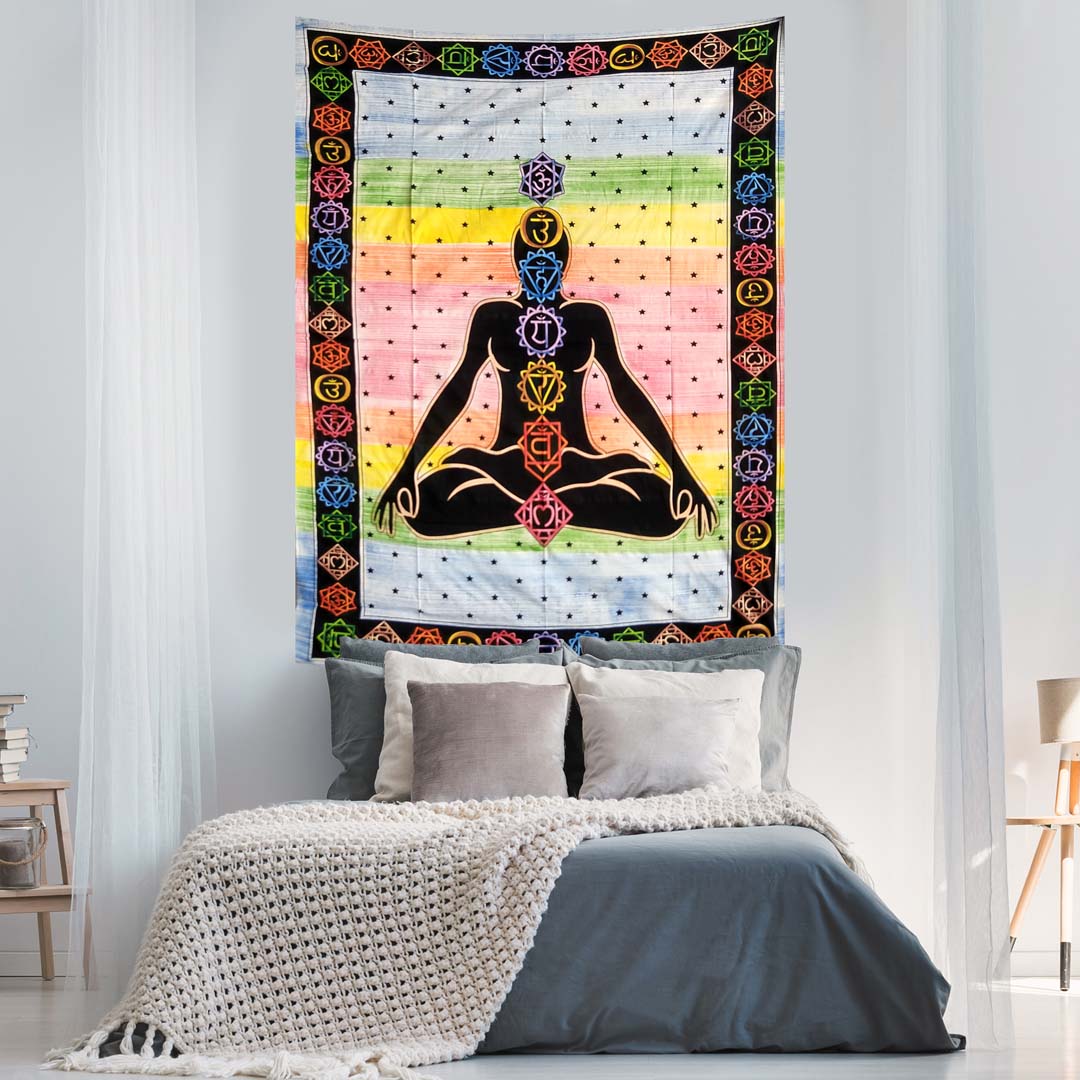Multicolor Handbrush Yoga Man Queen Twin Screen Printed Tapestry
