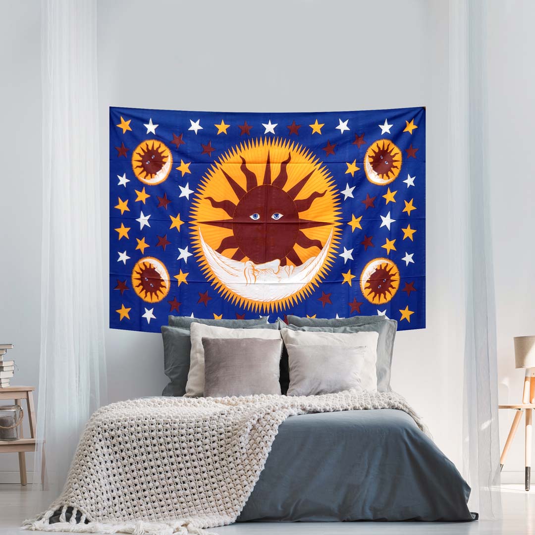 Blue Burning Sun Moon Queen Twin Screen Printed Tapestry