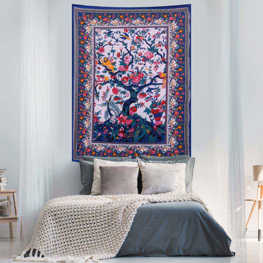 Blue Tree of Life Screen Printed Queen Twin Tapestry