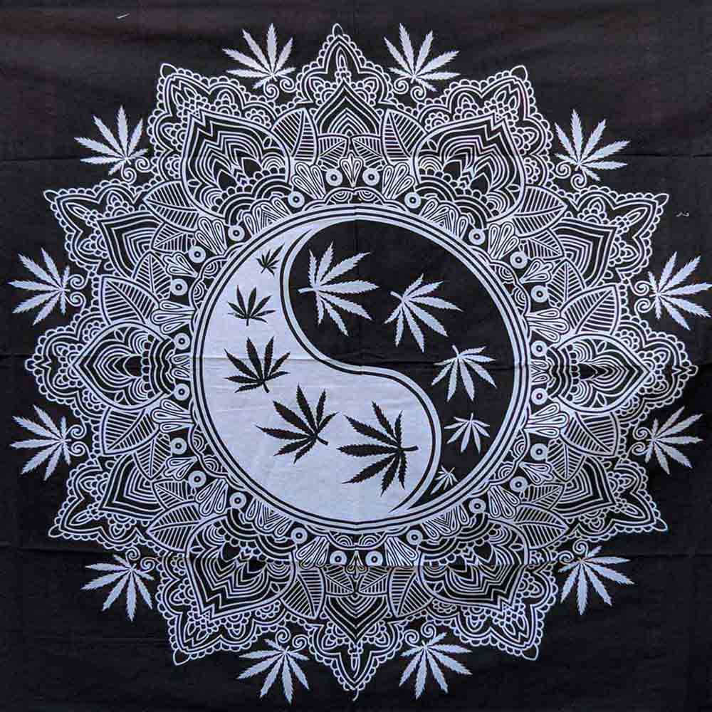 Yin Yang Marijuana Black and White Screen Printed Queen Twin Tapestry