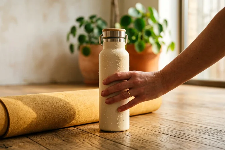A hand reaching for a cream bamboo-lid water bottle beaded with condensation beside a yoga mat in sunlit studio light, among the best water bottles for yoga.