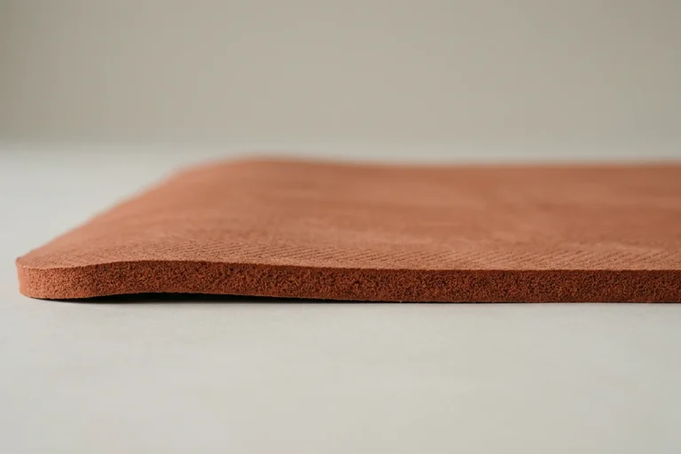 A thick terracotta yoga mat seen in low side profile showing its plush cushioned edge, one of the best yoga mats for bad knees.