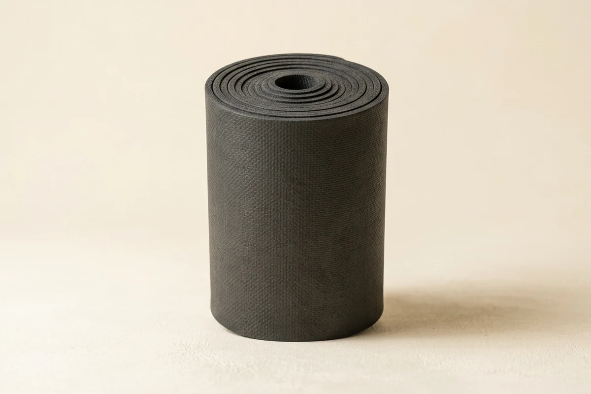 A rolled charcoal natural rubber yoga mat on a warm cream studio backdrop, showing the dense cushioning of the best natural rubber yoga mats.