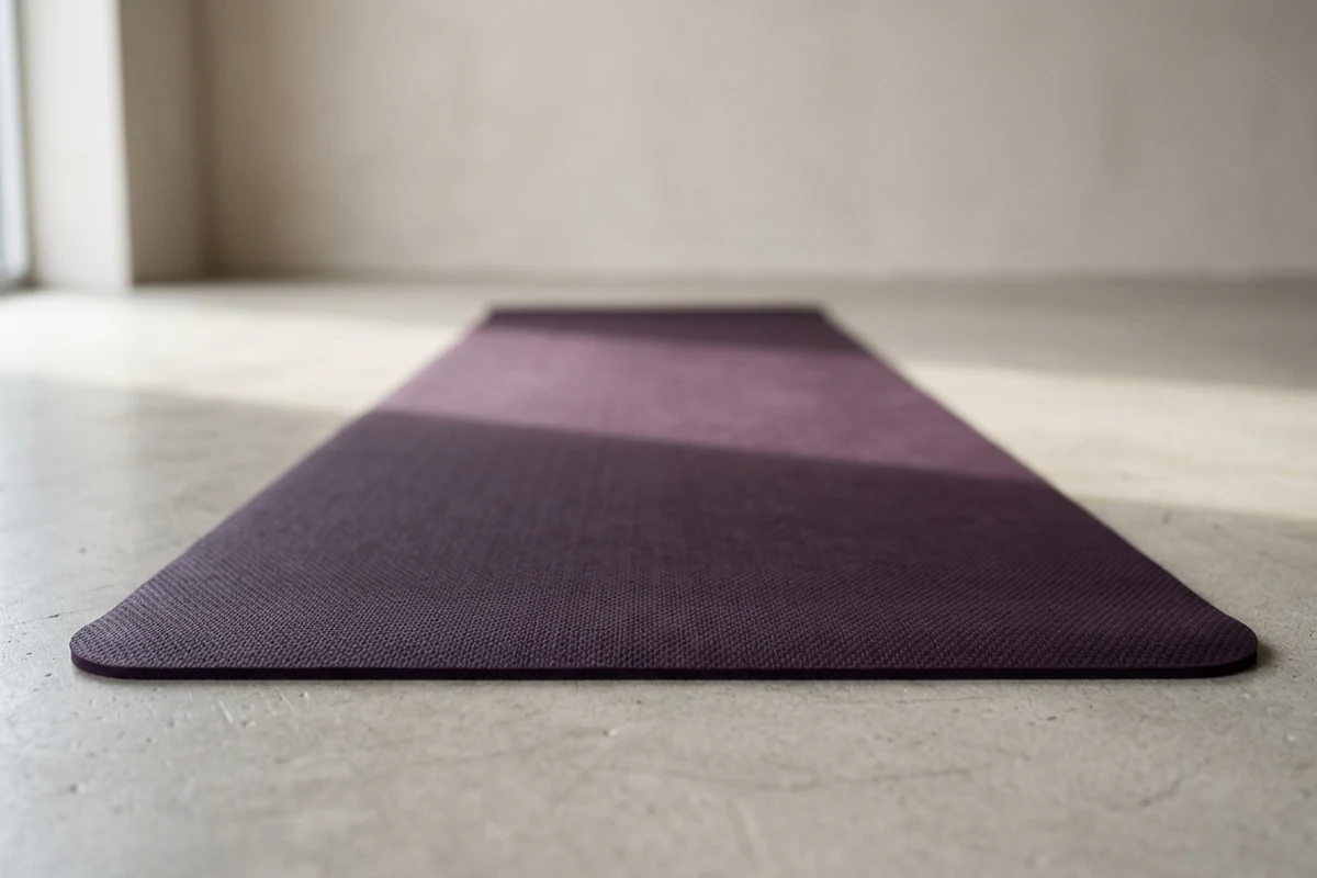An extra long plum yoga mat stretching down a pale concrete floor, showing the full-body coverage of the best extra long yoga mats for tall yogis.