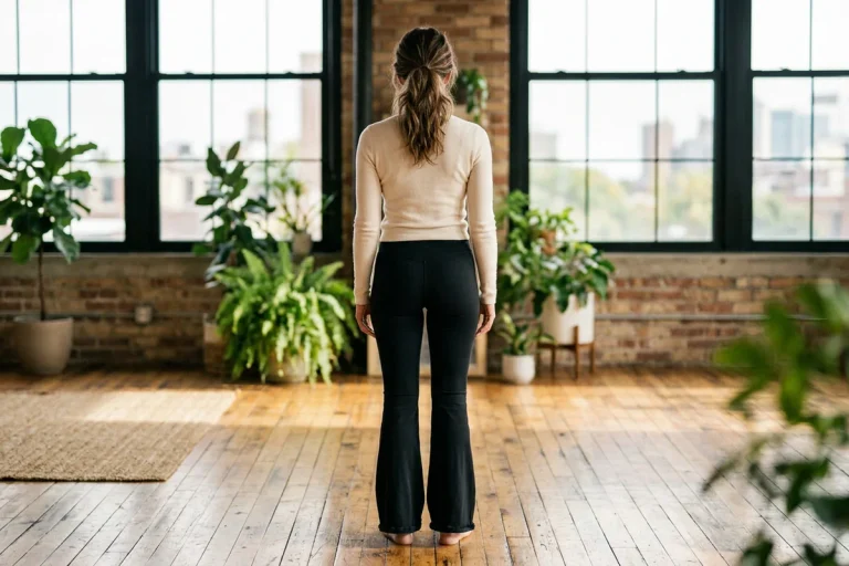 A woman seen from behind head to toe in black flare yoga pants and a cream top in a sunlit loft studio, among the best flare yoga pants for women.