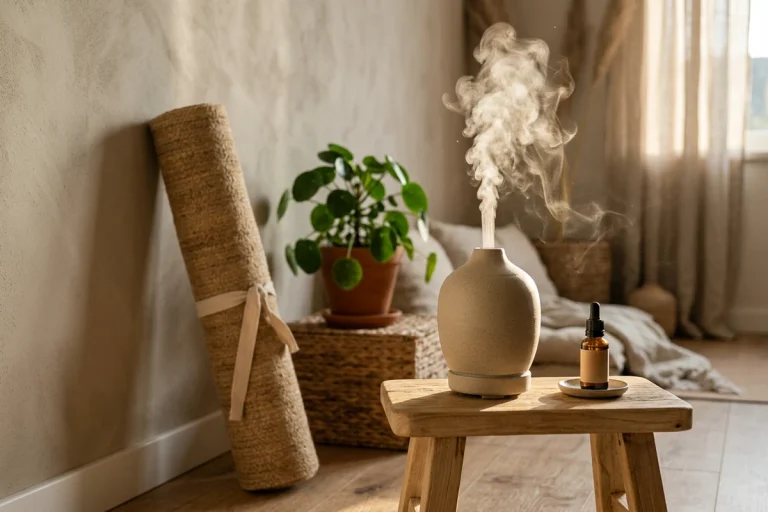 A ceramic essential oil diffuser releasing mist beside a bottle of oil in a cozy yoga room, among the best essential oil diffusers for yoga rooms.