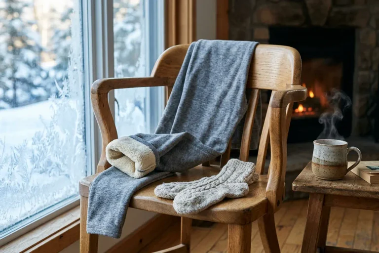 Heather-gray fleece-lined yoga leggings draped over a chair with the plush fleece cuff turned out beside a frosty window, among the best fleece-lined yoga pants.