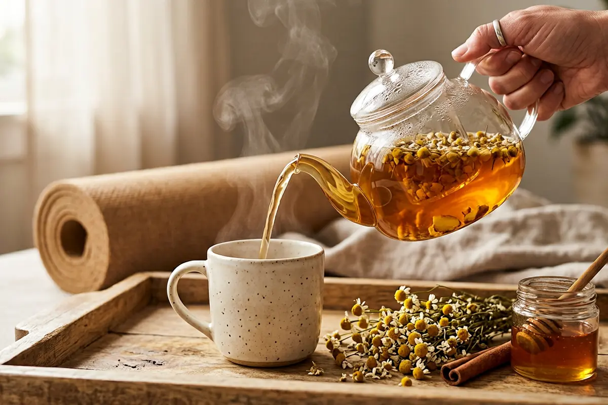 Herbal tea being poured from a glass teapot into a mug beside chamomile flowers and honey after yoga, among the best herbal teas for relaxation.