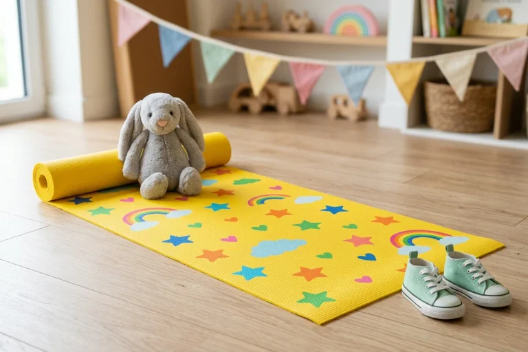 A colorful star-patterned kids yoga mat on a playroom floor with tiny sneakers and a plush bunny beside it, among the best kids yoga mats for young yogis.