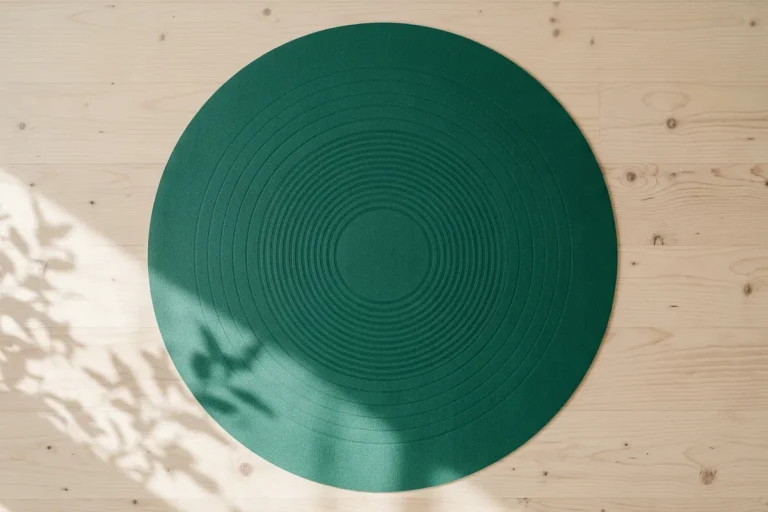A round emerald yoga mat with tonal rings seen from above on a birch floor with soft leaf shadows, among the best round yoga mats for free movement.