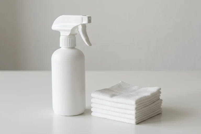 A label-free matte white spray bottle with fine mist trigger beside a neat stack of folded white wipes on a plain light background, illustrating the best yoga mat cleaners that keep mats fresh without harsh residue.