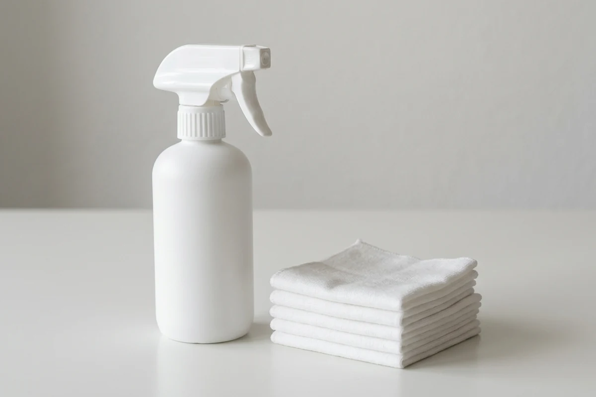 A label-free matte white spray bottle with fine mist trigger beside a neat stack of folded white wipes on a plain light background, illustrating the best yoga mat cleaners that keep mats fresh without harsh residue.
