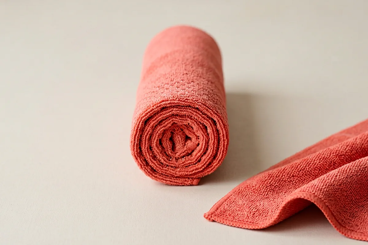 A coral microfiber hot yoga towel neatly rolled to show its absorbent woven texture and non-slip grip dots, against a plain light background, illustrating the best yoga towels for hot yogis who need better grip.