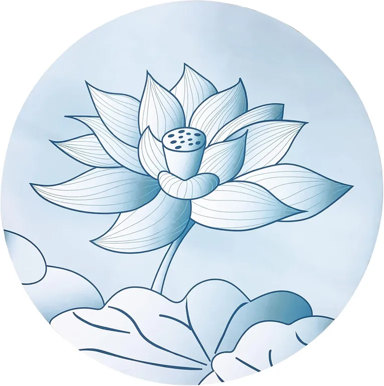 Pale blue round mat with large line-drawn lotus flower and leaves.