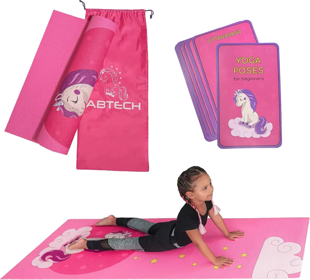 Kids yoga set with pink unicorn mat, pose cards, and drawstring bag.