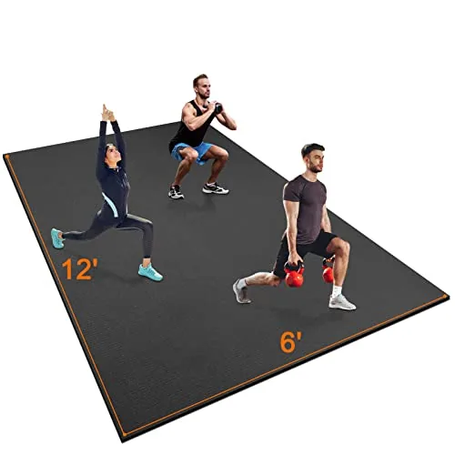 A family stretches across the grey anngrowy large workout mat cut at twelve by six feet.
