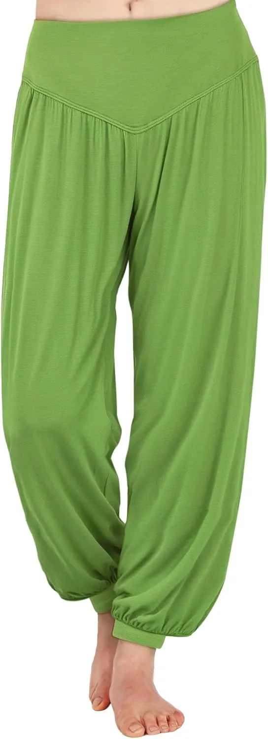 AvaCostume modal soft harem yoga pants in green with a beach yoga pose