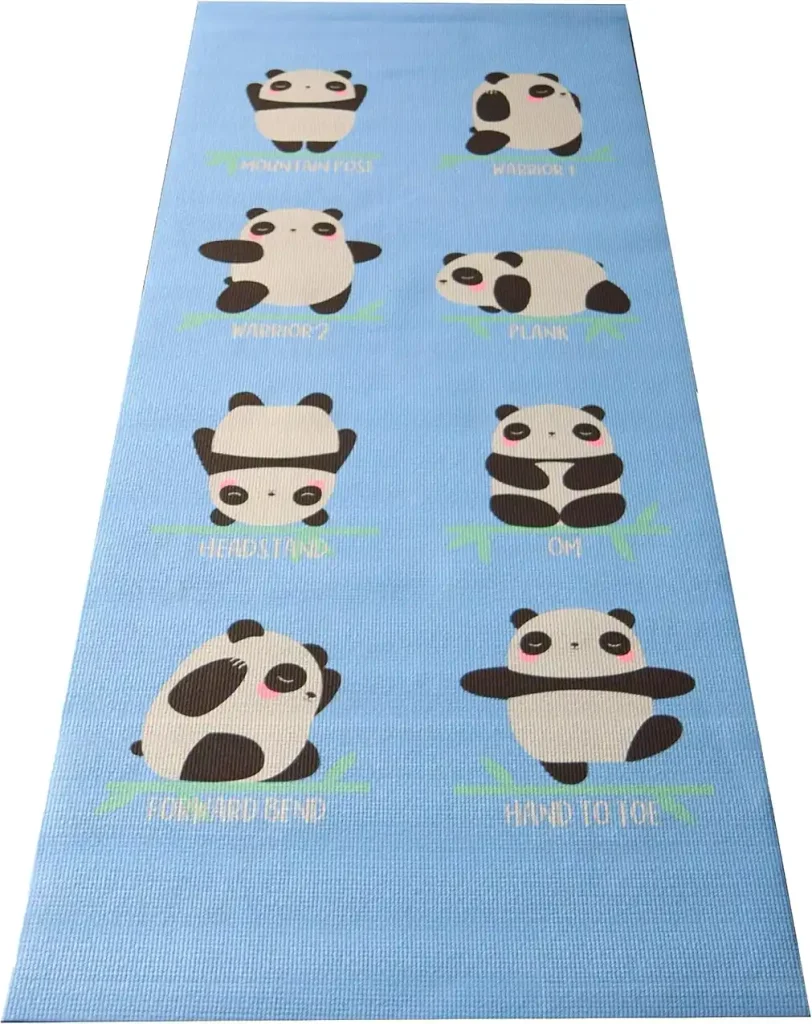 Blue kids yoga mat printed with cartoon pandas doing yoga poses.