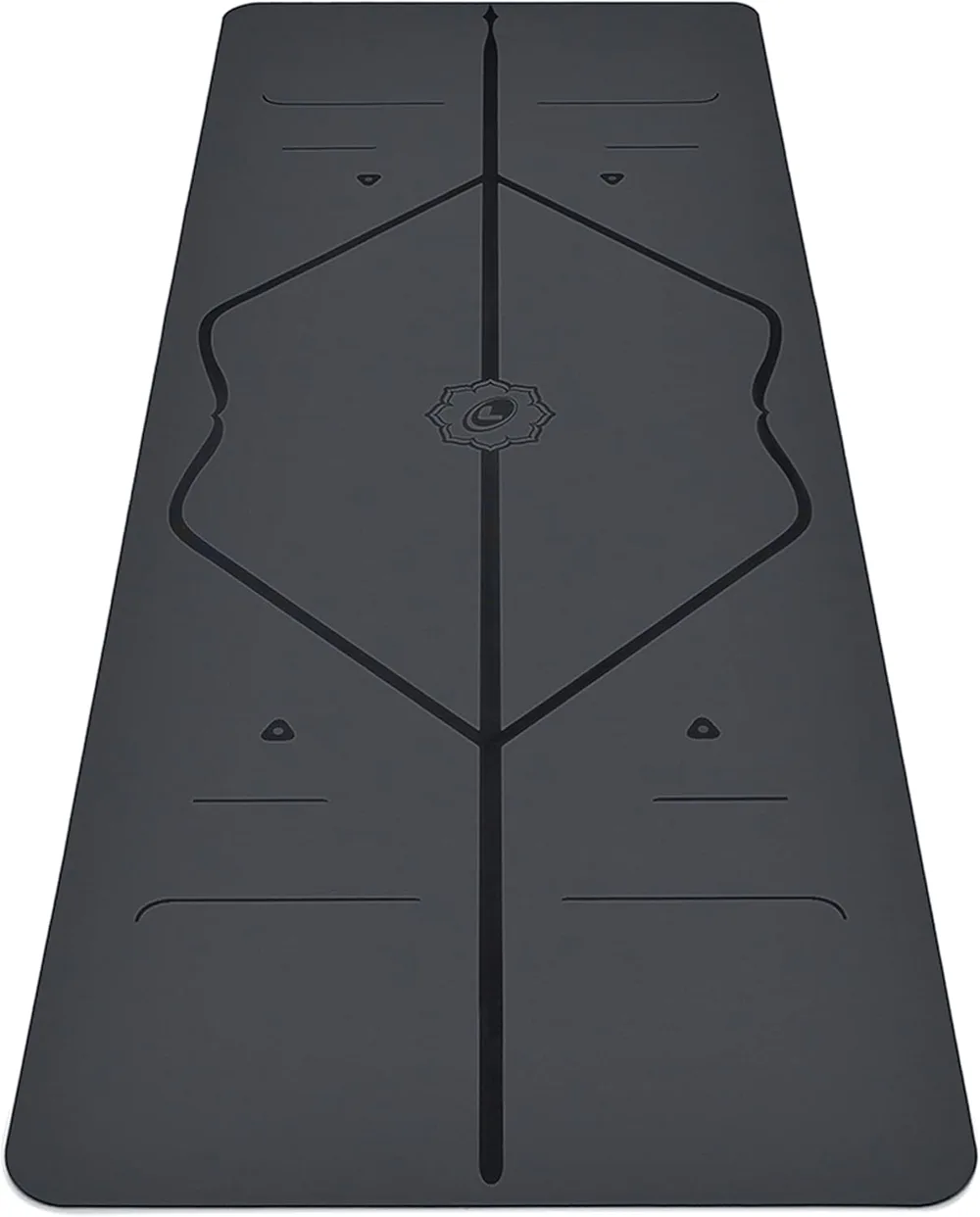 Liforme Classic yoga mat in black with its patented alignment glyph and grippy top surface