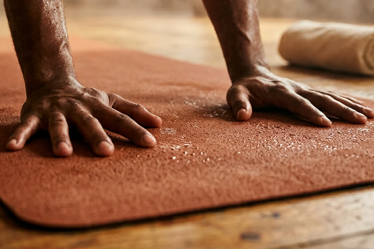 Two sweaty palms pressed flat in a down-dog position on a generic unbranded terracotta hot yoga mat