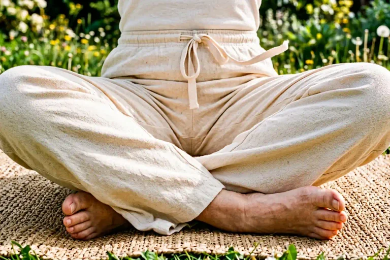 A waist-down view of a person seated cross-legged on a woven grass mat in a sunlit garden lawn, wearing generic unbranded natural undyed cream organic cotton yoga pants