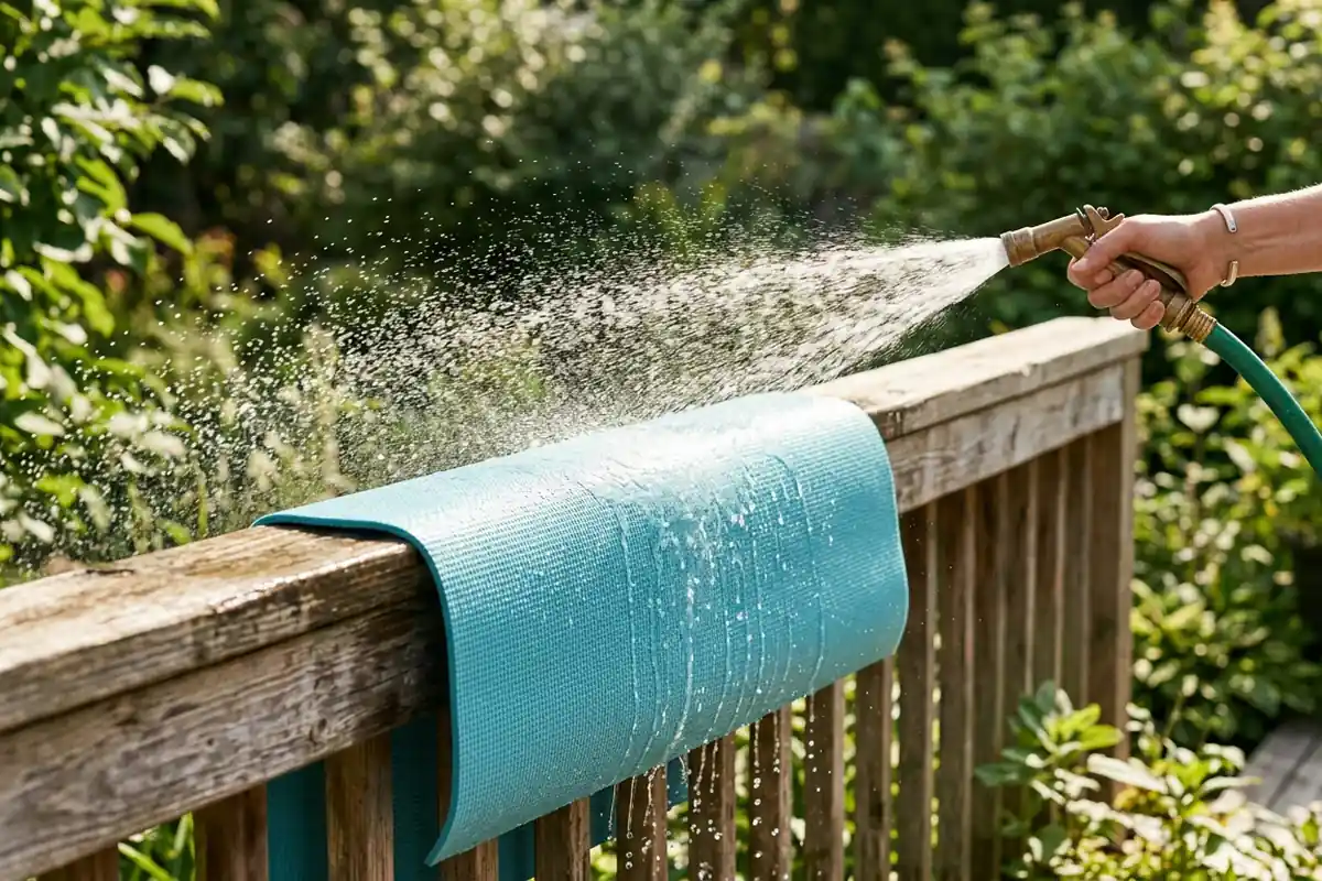 A bare hand holding a plain brass hose nozzle rinsing a generic unbranded aqua-blue yoga mat draped over a wooden deck railing, a fine backlit spray arc sparkling across the textured surface